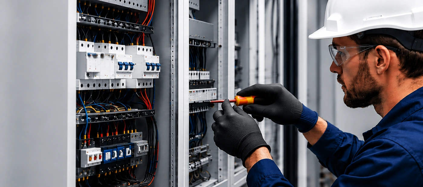 Delta First electrician working on commercial distribution board