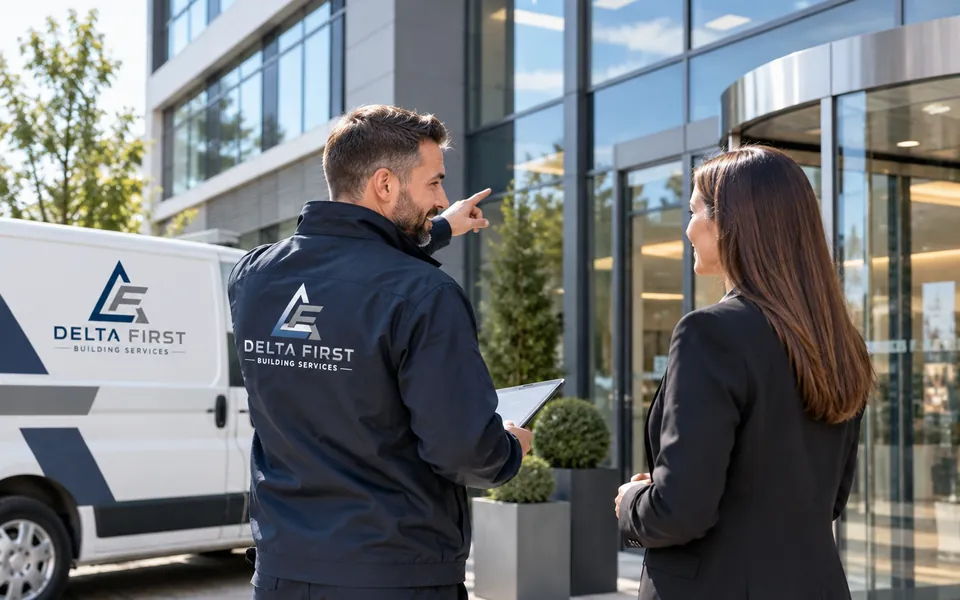 Delta First engineer meeting an office manager outside a modern commercial building