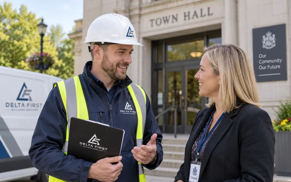 Delta First engineer meeting a council officer outside a town hall