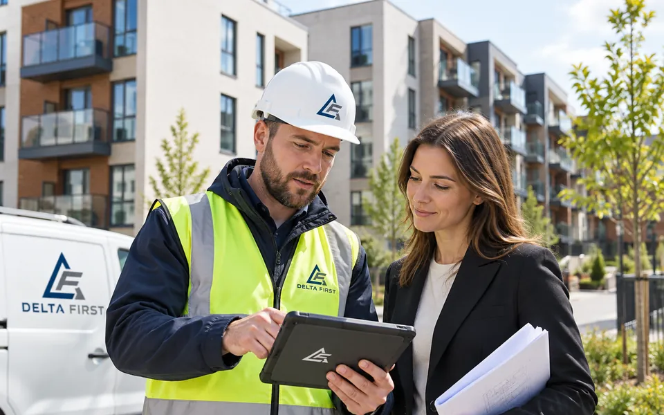 Delta First engineer meeting a housing manager at a residential development