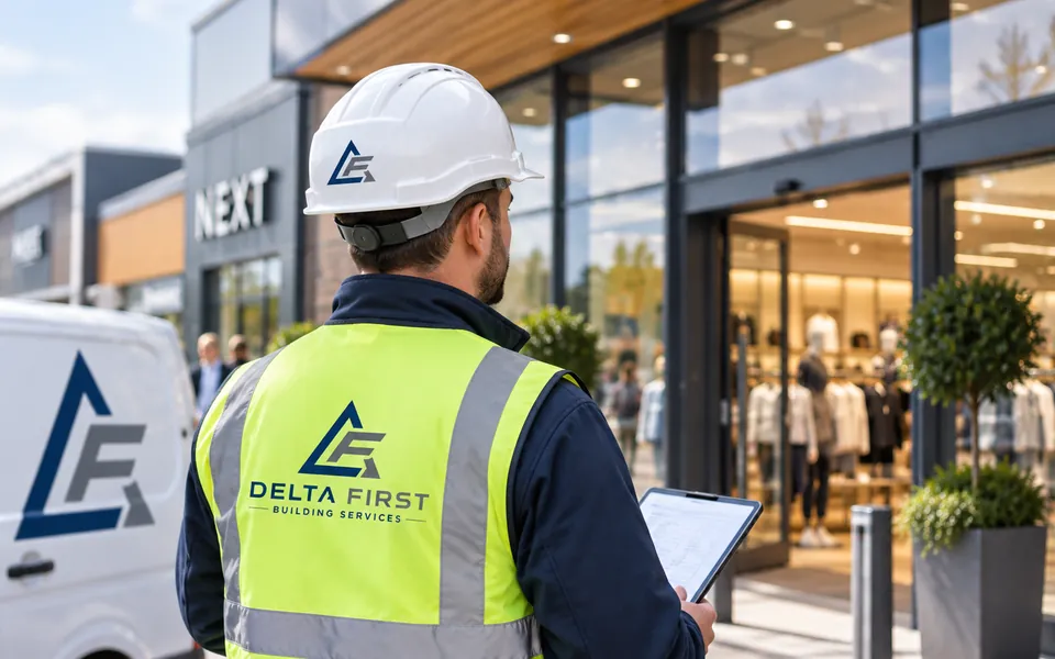 Delta First engineer outside a retail park store with a tablet