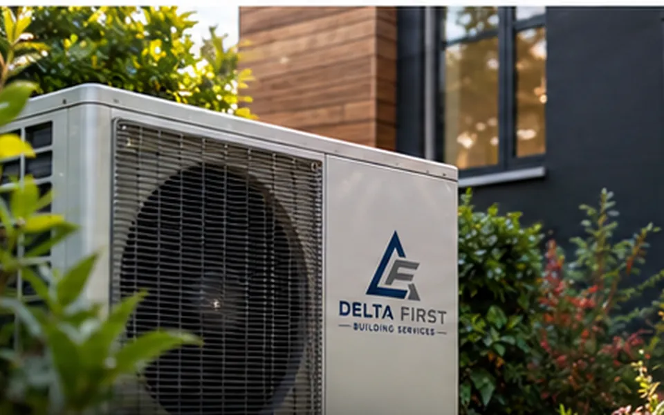 Delta First branded air source heat pump outside a building